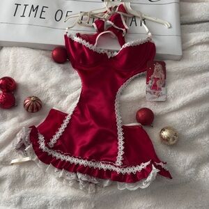 Red Satin Lingerie with Lace Trim Christmas is Coming